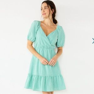 Draper James RSVP Teal Gingham Puff Sleeve Surplice Dress